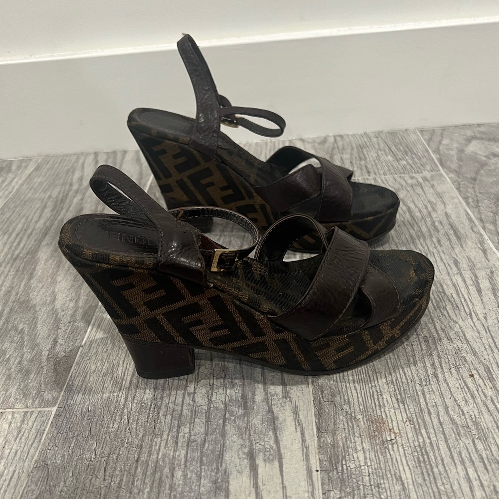 Fendi Dark Brown Monogram Wedge Sandals